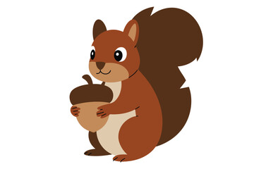 Cute cartoon squirrel holding a large acorn with a fluffy tail