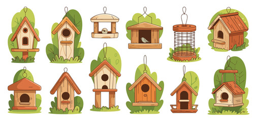 Collection of charming cartoon birdhouses and feeders in various designs