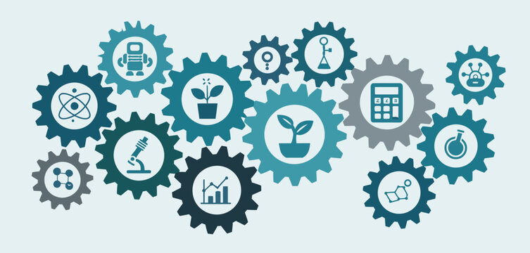 Interconnected gears representing science technology engineering and mathematics concepts