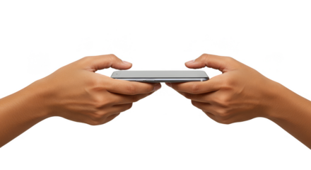 Isolated Image Two Hands Holding Phone Communication Device on Transparent