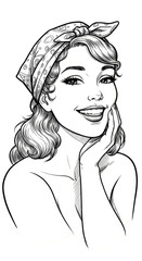 Smiling Woman Portrait Illustration with Headscarf Retro Vintage Style