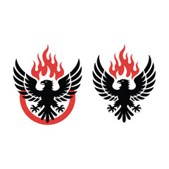 Black eagle with spread wings and red flames above isolated on white background