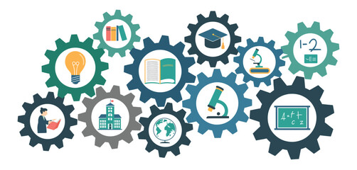 Interconnected gears symbolizing education knowledge and learning with various school icons