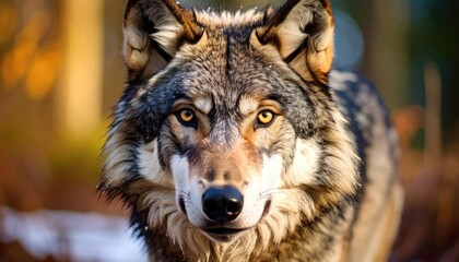 Fototapeta premium Close-up wolf portrait in forest