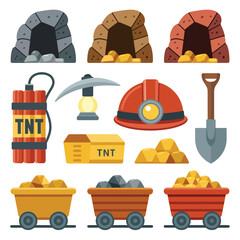 Collection of mining equipment and resources including mine entrances gold and tnt