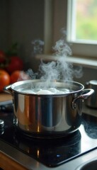 Stainless Steel Cooker Simmering on Kitchen Countertop, Gently Rising Steam, Warm Home Cooking Scene
