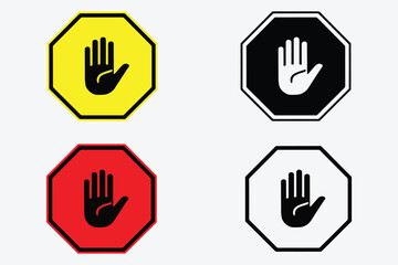 Fototapeta premium Set of Red and Yellow Stop Signs with Hand Icons in Line and Silhouette Vector on White Background