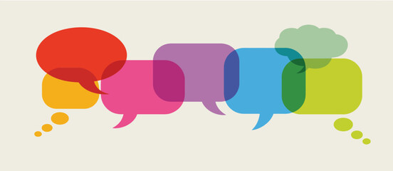 Diverse colorful overlapping speech bubbles representing communication and conversation