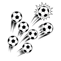 Dynamic black and white soccer balls in motion with speed lines