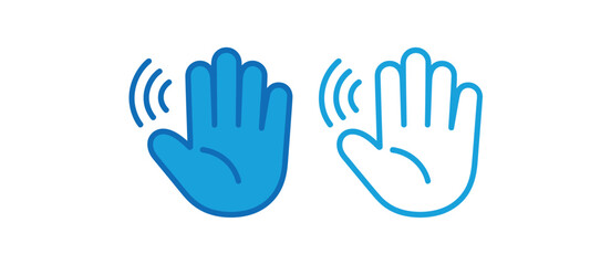 Two blue waving hand icons one filled and one outline on white background