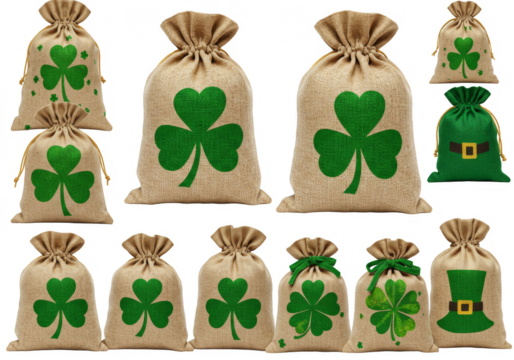 St Patricks Day Shamrock Sacks Illustration with Transparent Background