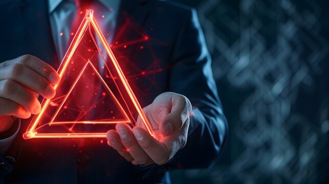 Businessman in a suit holds a glowing red triangle, symbolizing warning, danger, or innovation in a technological context.