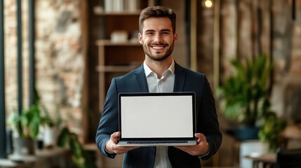 Young handsome businessman Holding a laptop Computer with Blank Screen