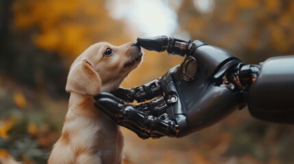 The robotic arm is artificial, pointing to a dog's nose. Whistle the dog's nose. High quality photo