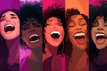 A colorful and emotional flat vector illustration of four women laughing and singing together, expressing joy and happiness.