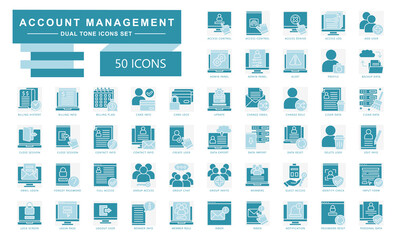 Account management dual tone icons set. contain access control, access denied, profile, update, clear data, notification and more. Vector for modern concept, UI, UX, web and app development.
