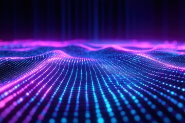 A dynamic array of luminous blue and violet nanoparticles form soft, undulating waves in dark space.