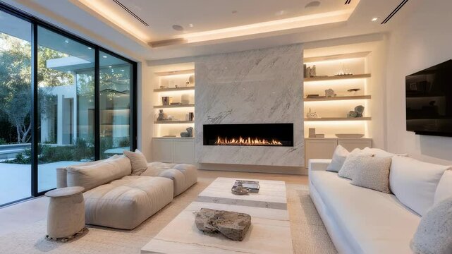 An elegant living room designed with minimalist d&Atilde;&fnof;&Acirc;&copy;cor equipped with smart home technology that optimizes energy efficiency while enabling personalized settings for lighting and audio