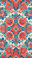 Handpainted Hungarian Folk Floral Tile Pattern in Coral and Teal Colors