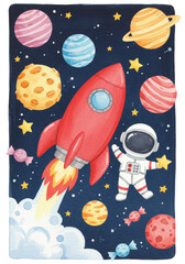 Illustration Of Rocket Flying In Space With Planets Astronaut And Stars