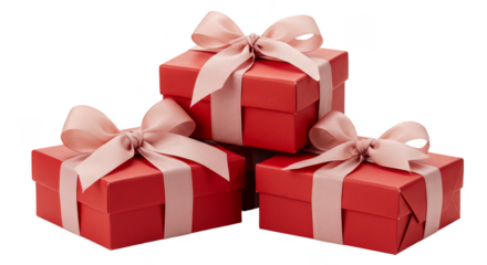 Stack of Three Red Gift Boxes with Ribbon and Bow on Transparent Background