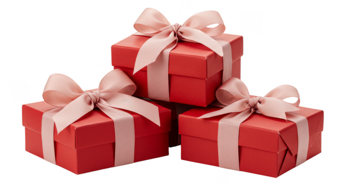 Stack of Three Red Gift Boxes with Ribbon and Bow on Transparent Background