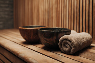 Relaxing spa setting with wooden bowls and rolled towels on a wooden surface in a tranquil environment