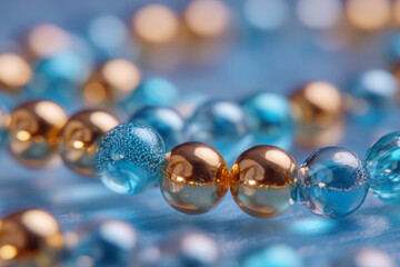 Sparkling blue and gold beads arranged beautifully on a textured surface highlighting their vibrant colors and unique designs