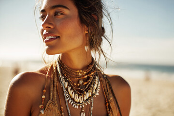 Woman wearing bohemian necklace poses on sunny beach during golden hour