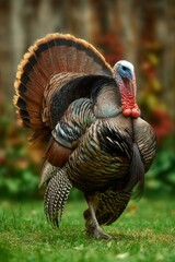 Wild Turkey displaying vibrant plumage while strutting through a grassy field, showcasing the beauty of nature and wildlife in autumn