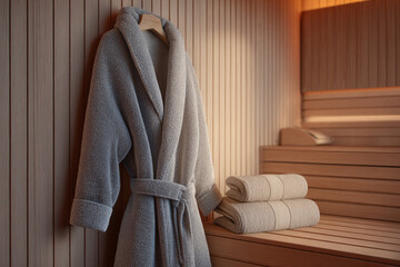 Comfortable bathrobe and neatly stacked towels in a relaxing sauna setting during a wellness retreat