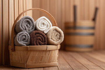Towels arranged neatly in a wooden basket in a serene spa environment with a calming atmosphere