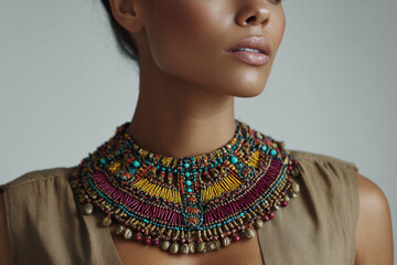 Beautiful woman showcases colorful handcrafted jewelry in a simple studio setting during a portrait session
