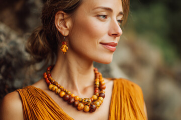 Woman wearing handcrafted jewelry in a natural setting during golden hour
