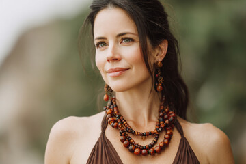 Woman wearing wooden jewelry poses outdoors with a serene expression and natural beauty in soft sunlight