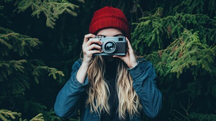 Woman with vintage camera in forest