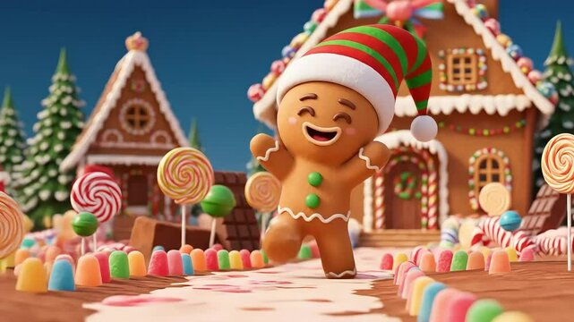 Animated Gingerbread Man Dancing In A Colorful Candy Land With Festive Decorations