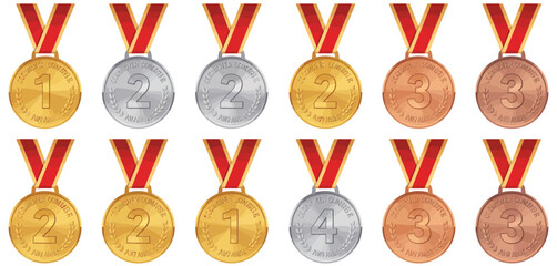 Collection of gold silver and bronze medals with red ribbons for competition awards