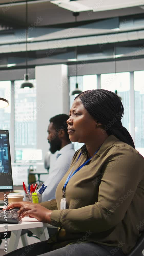 Poster vertical video female software developer using artificial intelligence to optimize performance and f