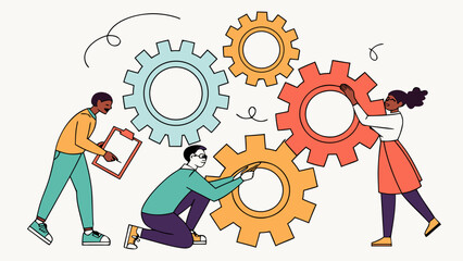 Teamwork collaboration process improvement with gears and people for business success concept illustration