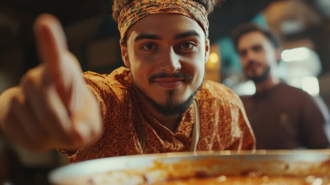 Smiling server presents delicious dish with appealing gesture in indoor establishment