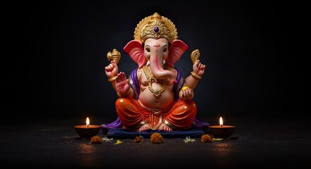 Worship of Lord Ganesha with offerings of flowers and lit diya lamps.