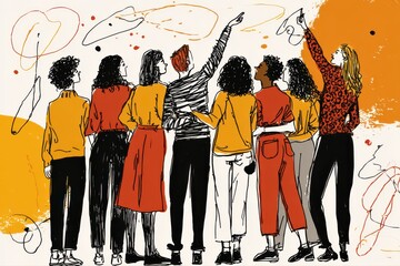 A diverse group of professional women standing in front of a colorful wall, engaged in a brainstorming session. They are discussing ideas and collaborating on a project.