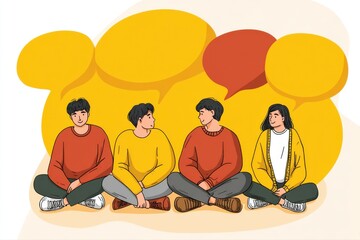 A flat vector illustration of three people sitting on the ground engaged in a brainstorming session, with speech bubbles above them. The team seems to be collaborating and discussing ideas.