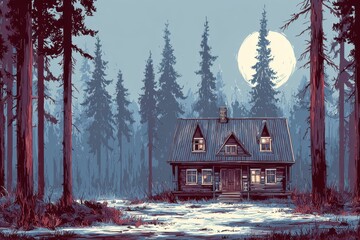 A cozy tiny house nestled in the woods under a full moon, illuminated by its soft glow. The serene scene captures the beauty of nature and solitude.