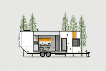 A white and orange RV parked in a serene natural setting with trees in the background, under a clear blue sky.