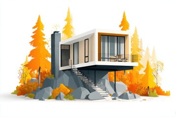 A cozy modern tiny house nestled in the woods surrounded by vibrant autumn leaves, showcasing a peaceful and serene environment.