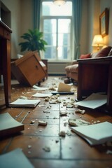 Chaotic Scene of Abandoned Project Overthrown Furniture, Scattered Papers, and Broken Objects Depict a Failed Undertaking