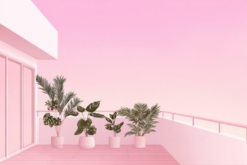 A vibrant pink wall adorned with various potted plants creating a lively urban gardening scene