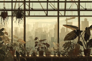 A flat vector illustration depicting urban gardening on rooftops in a city setting.